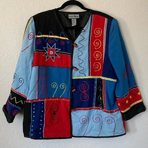 Indigo Moon Colorful Patchwork Colorblock Glass Button Jacket - Picture 1 of 5